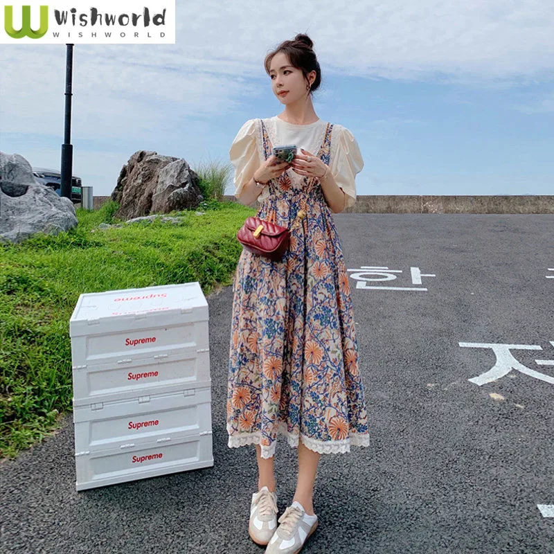 Printed Dress Women's Spring and Summer 2022 New Korean Style Fashion Waist Close Thin Medium Length Two Piece Set Strap Skirt