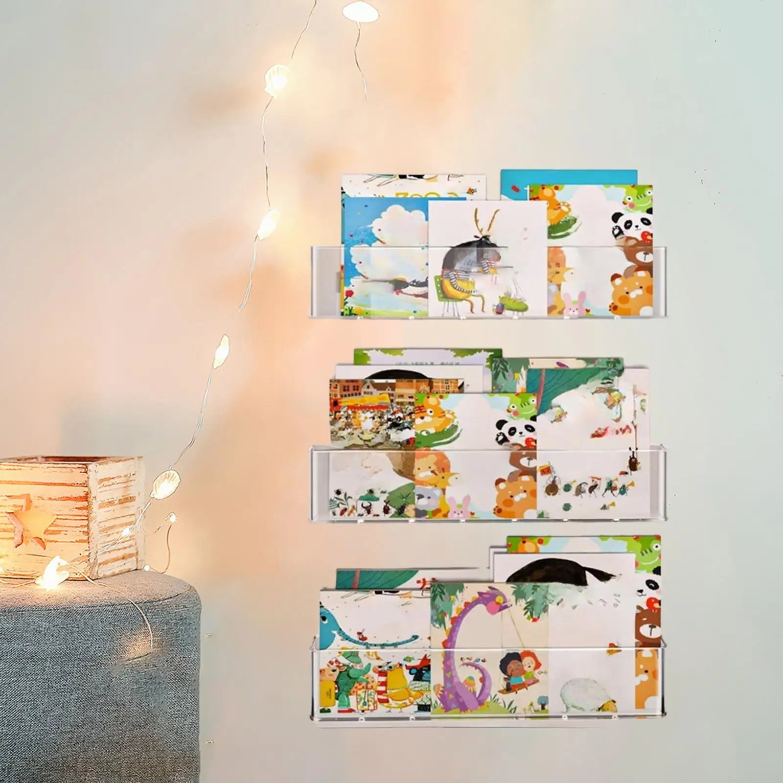Clear Floating Wall Shelves for Kids Books Display No Drilling PET Storage Rack for Living Room Bedroom Nursery Organizer