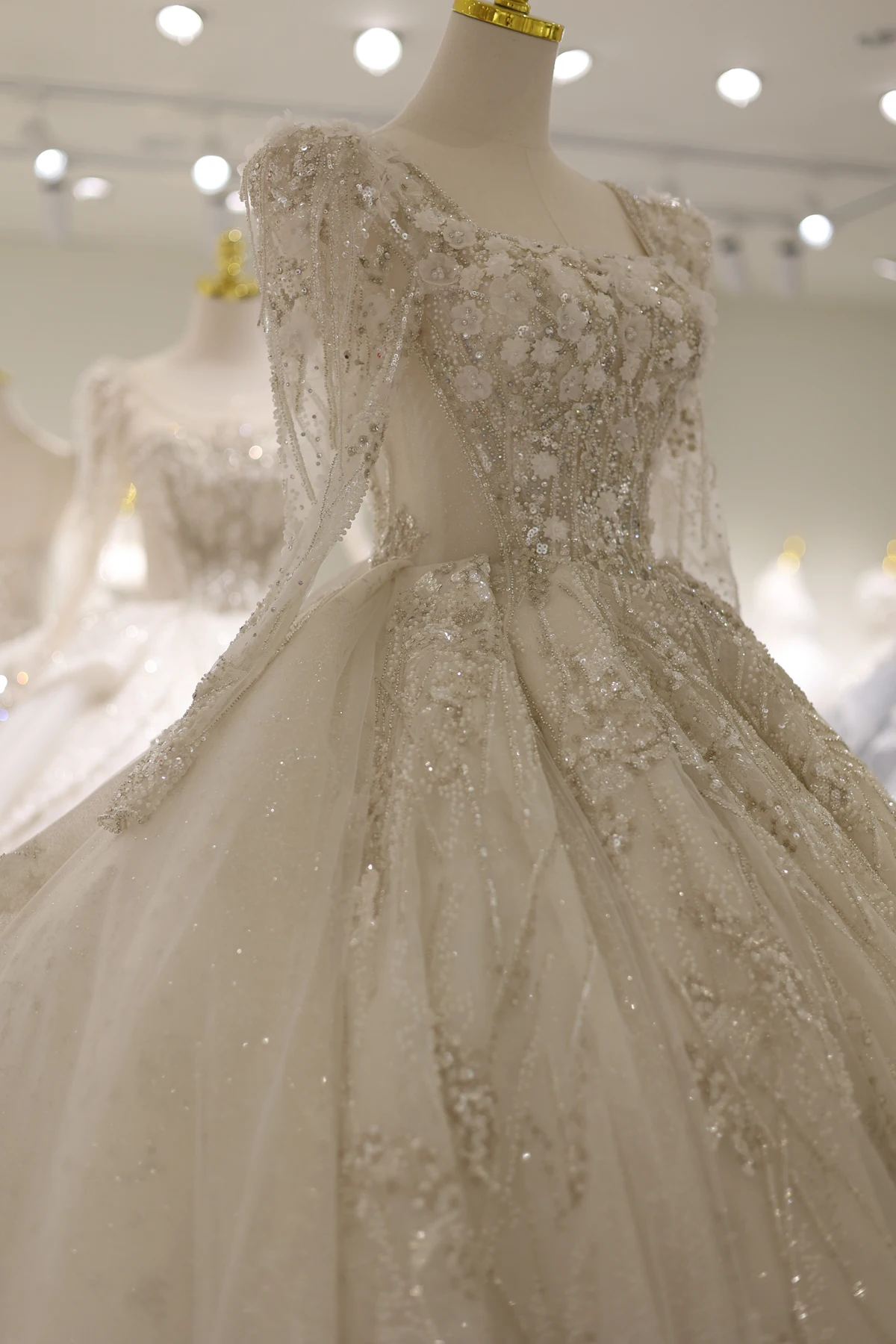 Sharon disse luxo 3d flores rendas mangas compridas vestido de casamento elegante decote quadrado vestido de baile vestidos de noiva rs007 personalizado