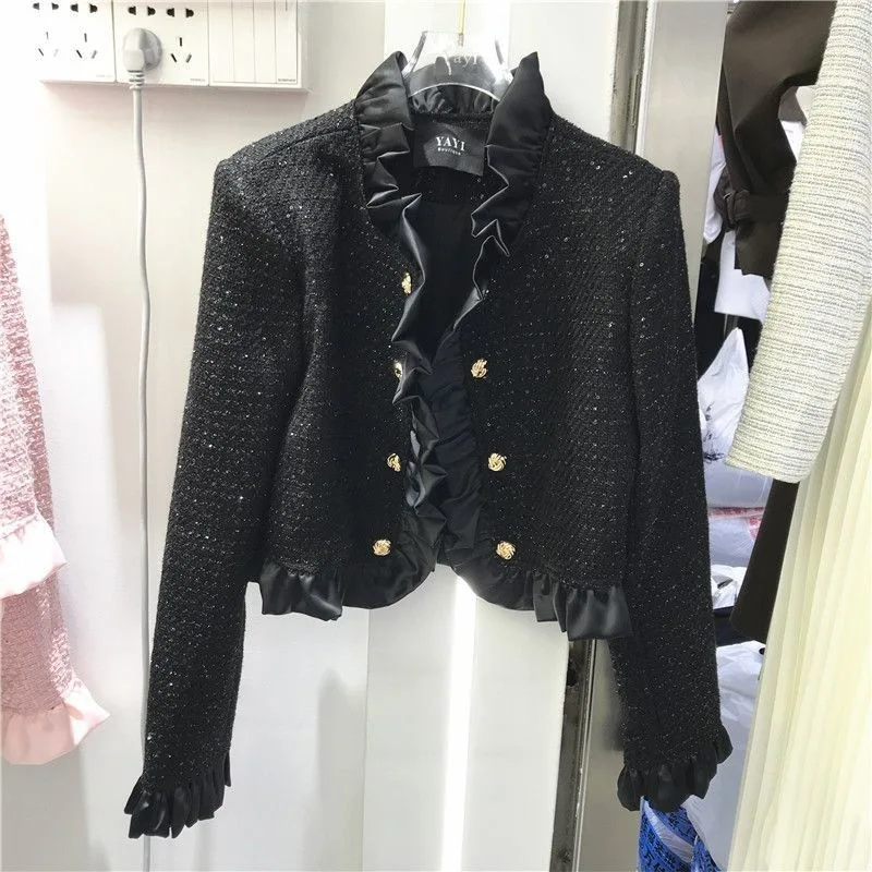 2026 New Autumn Women Tweed Short Jacket Ruffled Trim Elegant Style Coat Double Breasted Woven Woolen Blazer Ladies Outerwear