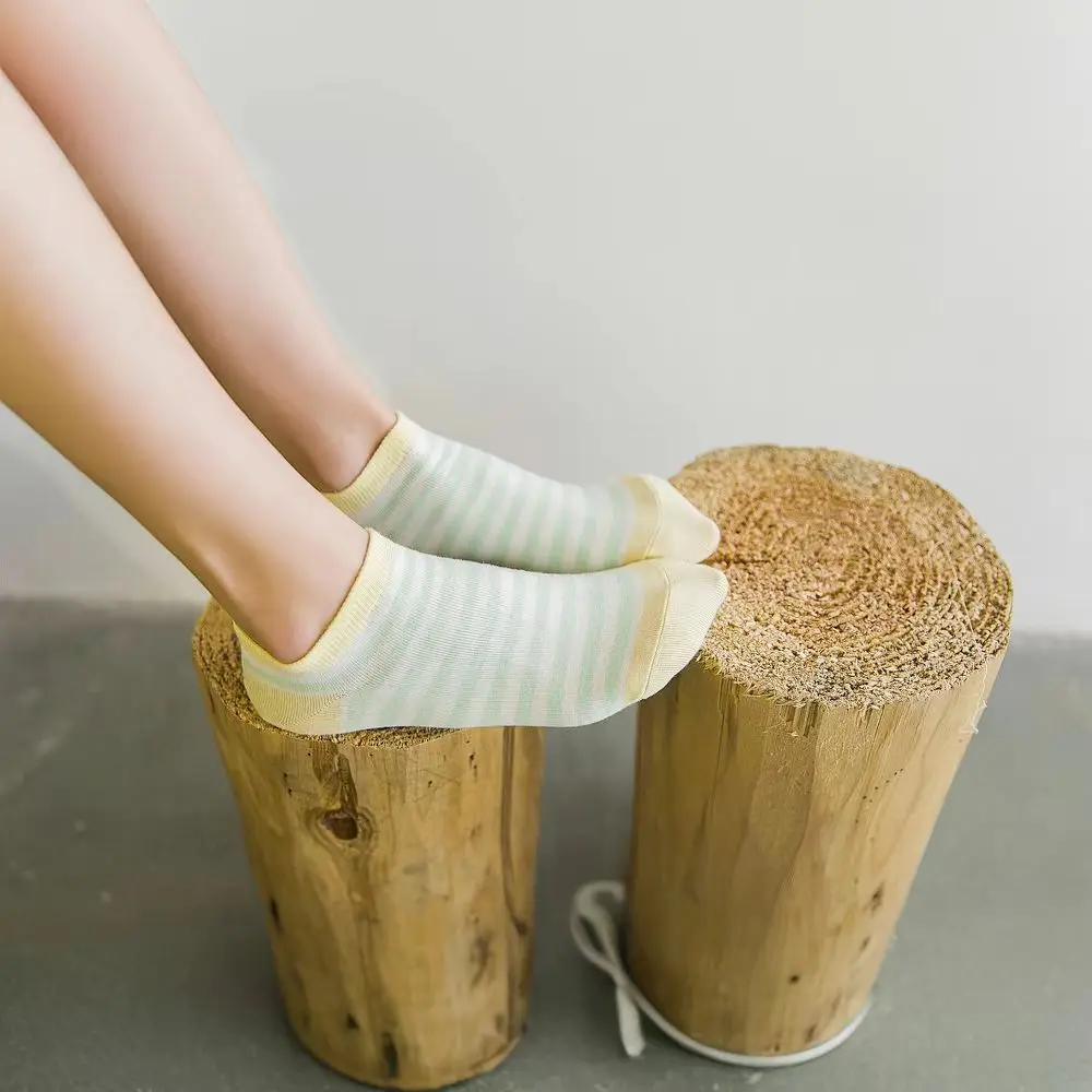 SHXI 5 Pairs of Low Tube Women's Socks Spring Summer Tricolor Stripe Cotton Socks Women's Funny School Girls Casual Ankle Socks