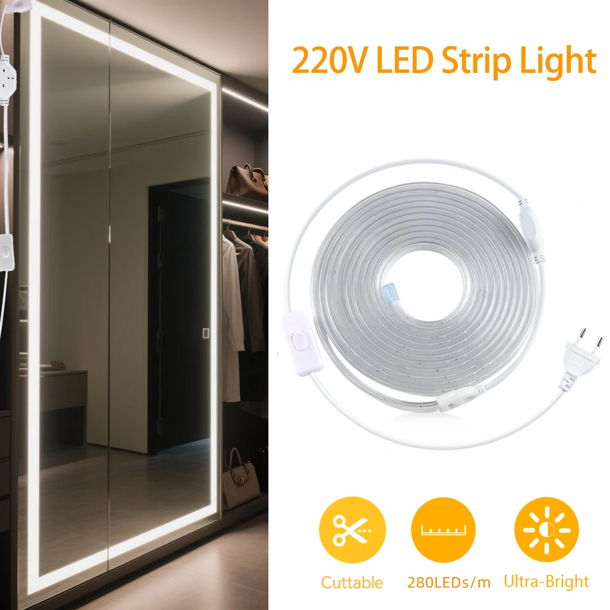 LED Dressing Mirror Backlight Lamp With 220V Swtich EU Plug 280LEDs/m 1-20m High Brightness Light Strip for Livingroom Wardrobe