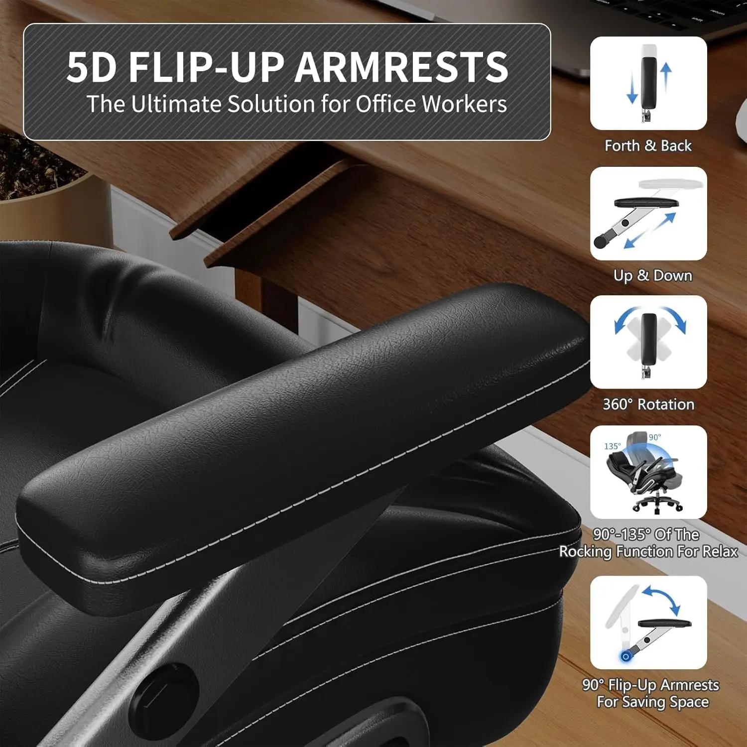 Silla de oficina grande y alta, resistente de 600 libras, silla ejecutiva ergonómica de cuero PU con lumbar ajustable, brazos 5D, ajuste de altura,