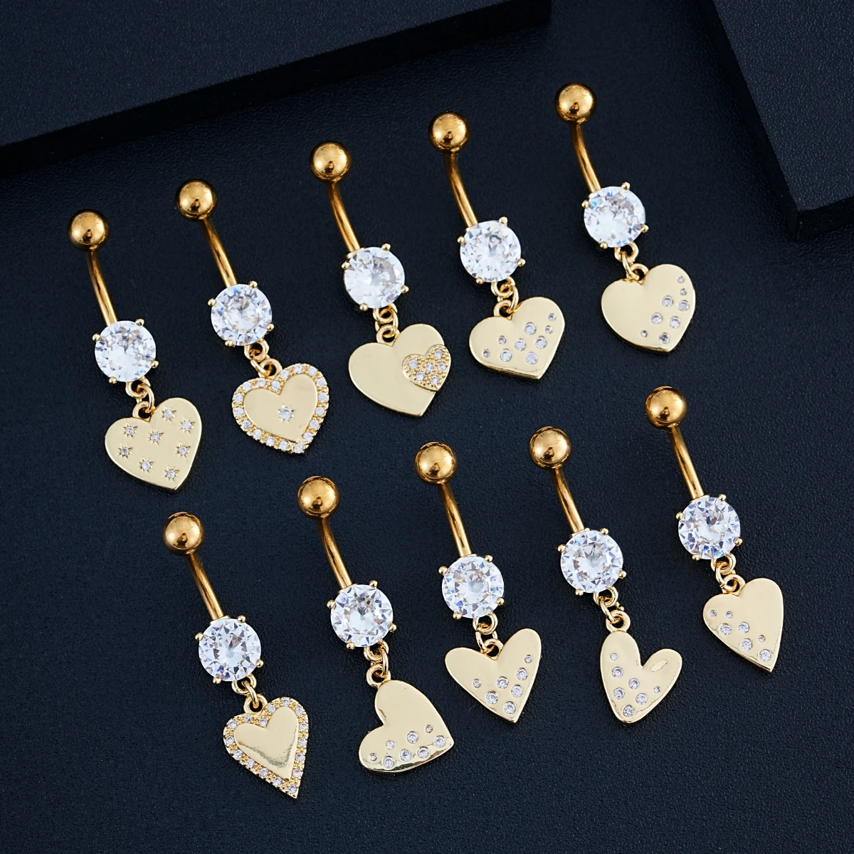 Mixed-Style Heart Dangled Belly Button Ring Gold Color Wing Flower Crystal Zircon Belly Piercing Nombril Navel Jewelry for Women