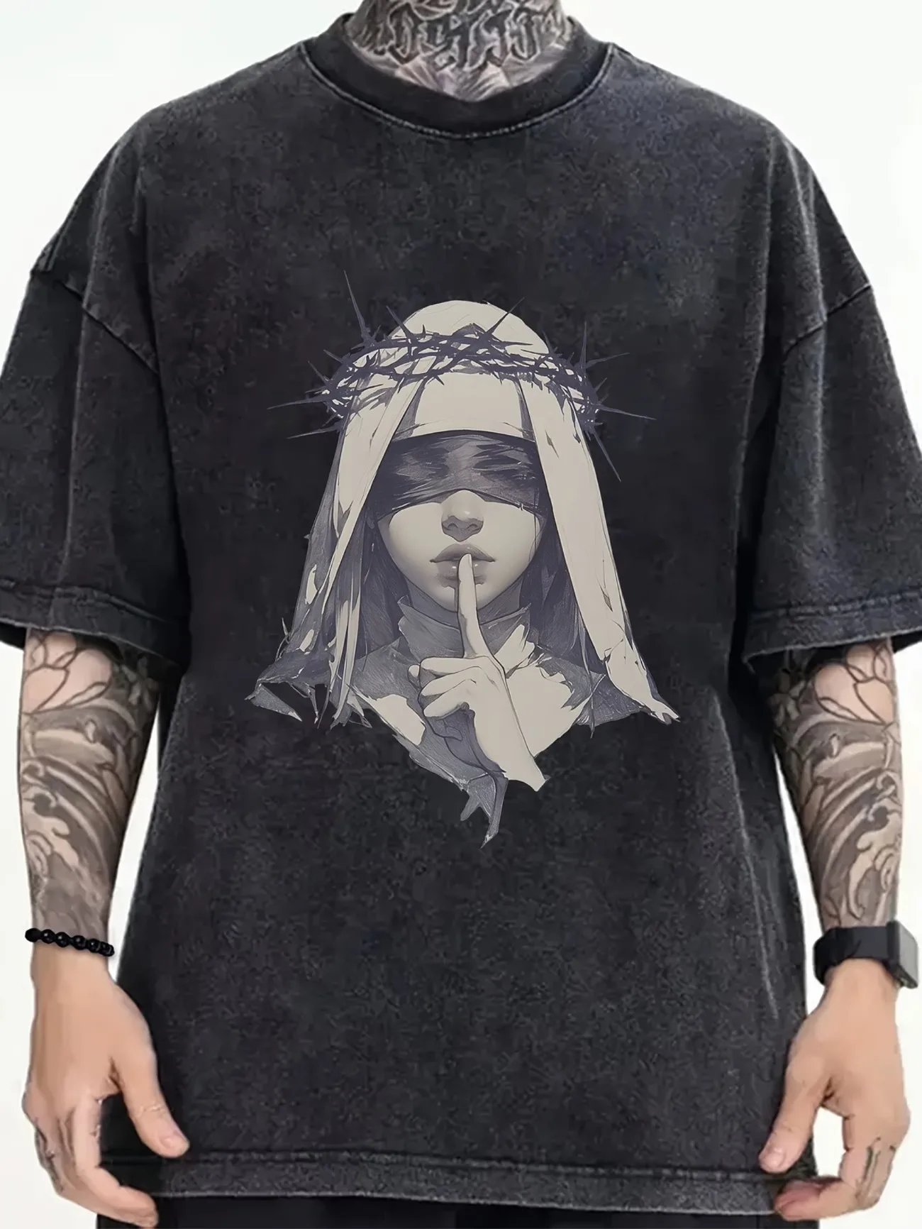 Men's Women Oversize Vintage Character Creative Painting Print Graphic Tee Washed T-Shirt Loose Fit Tops Streetwear Casual Tops