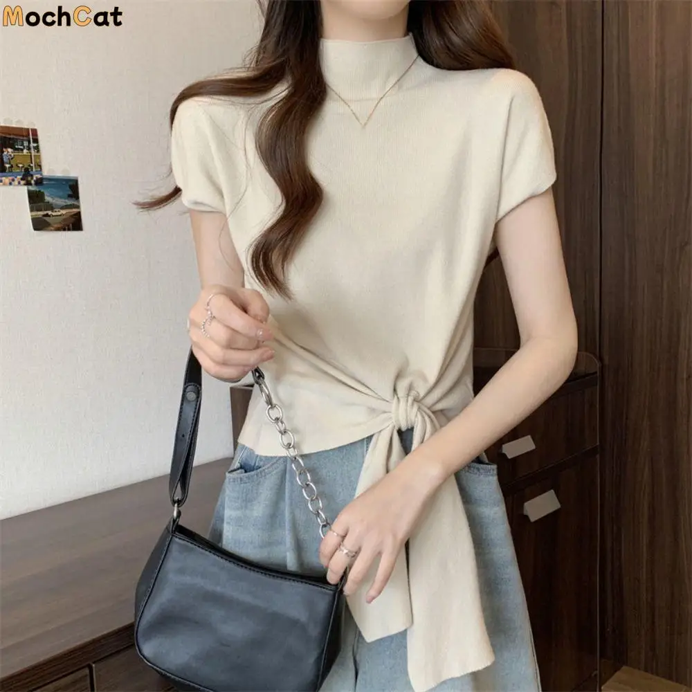 

Милая футболка на шнуровке с коротким рукавом Kintwear Chic Y2K Crop Top Женская нижняя рубашка Slim Fit Футболки с полувысоким воротником Летний топ