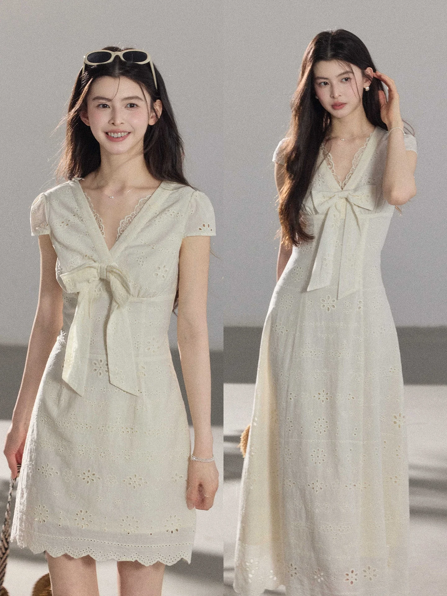 

White Cotton V-neck Women's Dress with Removable Knot Waist-cinching Long Skirt Design by Er Yang Design