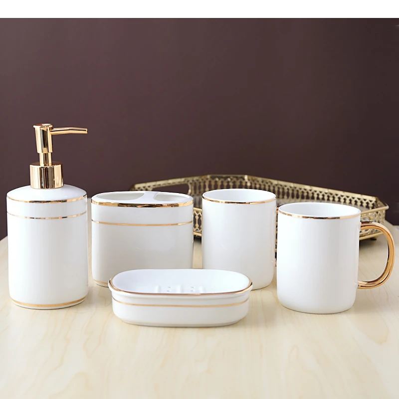 

Bathroom Set Golden Stripes Ceramic Toiletries Shower Gel Bottle Hand Washing Fluid Soap Dishes Portable Dispensers