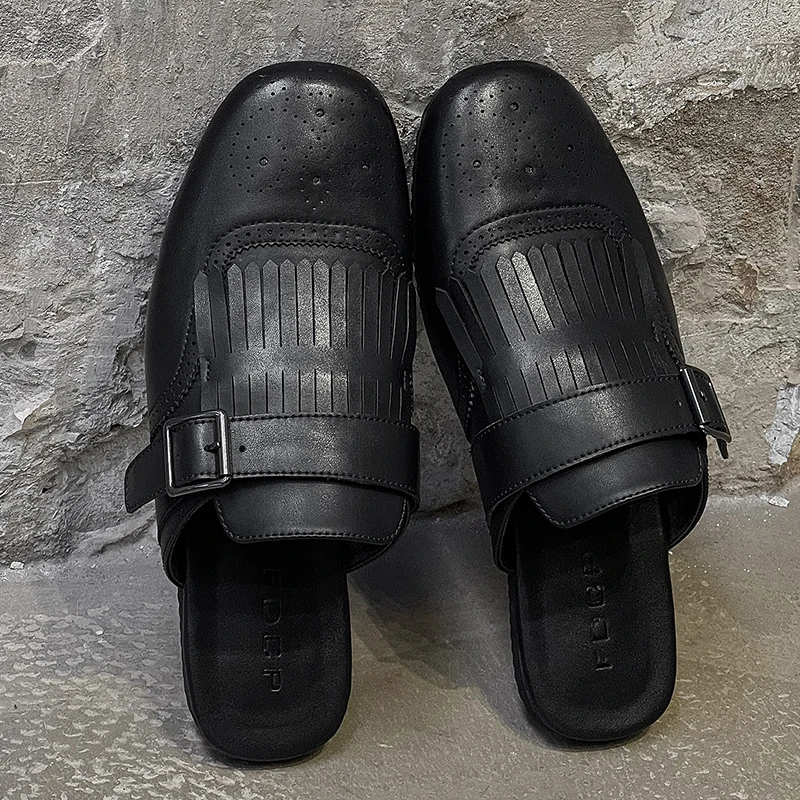 High End Black Summer Slippers Casual Fringed Breathable Lazy Shoes Boken Slippers