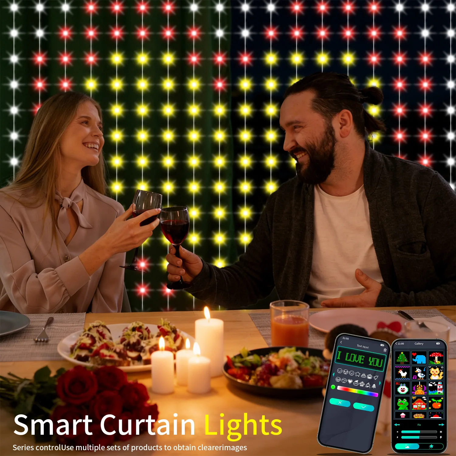 

Интеллектуальные светодиодные гирлянды-шторы, 400 светодиодов, управление через приложение, настраиваемые цветные текстовые узоры, идеальный подарок, для праздников и наружного декора.