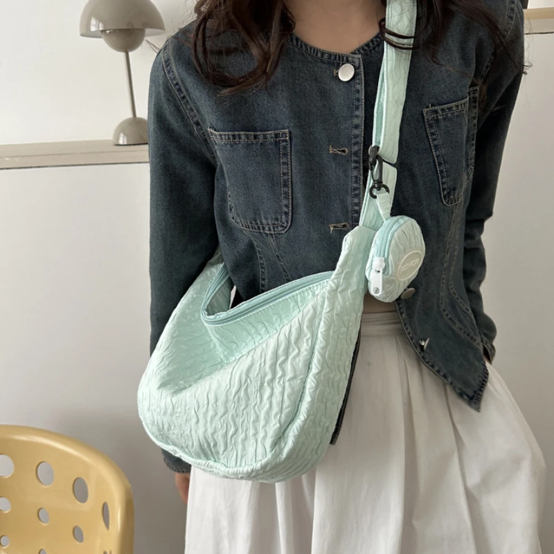 Women Pleated Cloud Shoulder Crossbody Bag Candy Color Sweet Cute Soft Lightweight Bag Casual Fashion Girl 2 in 1 Messenger Bag