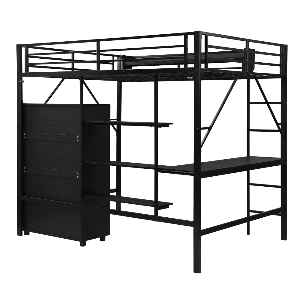 PINGGO Eisen-Hochbett mit Schreibtisch, Doppelstauraum, Kleiderschrank, Eisen-MDF, Schwarz, 140x200cm, ohne Matratze – Detail 15