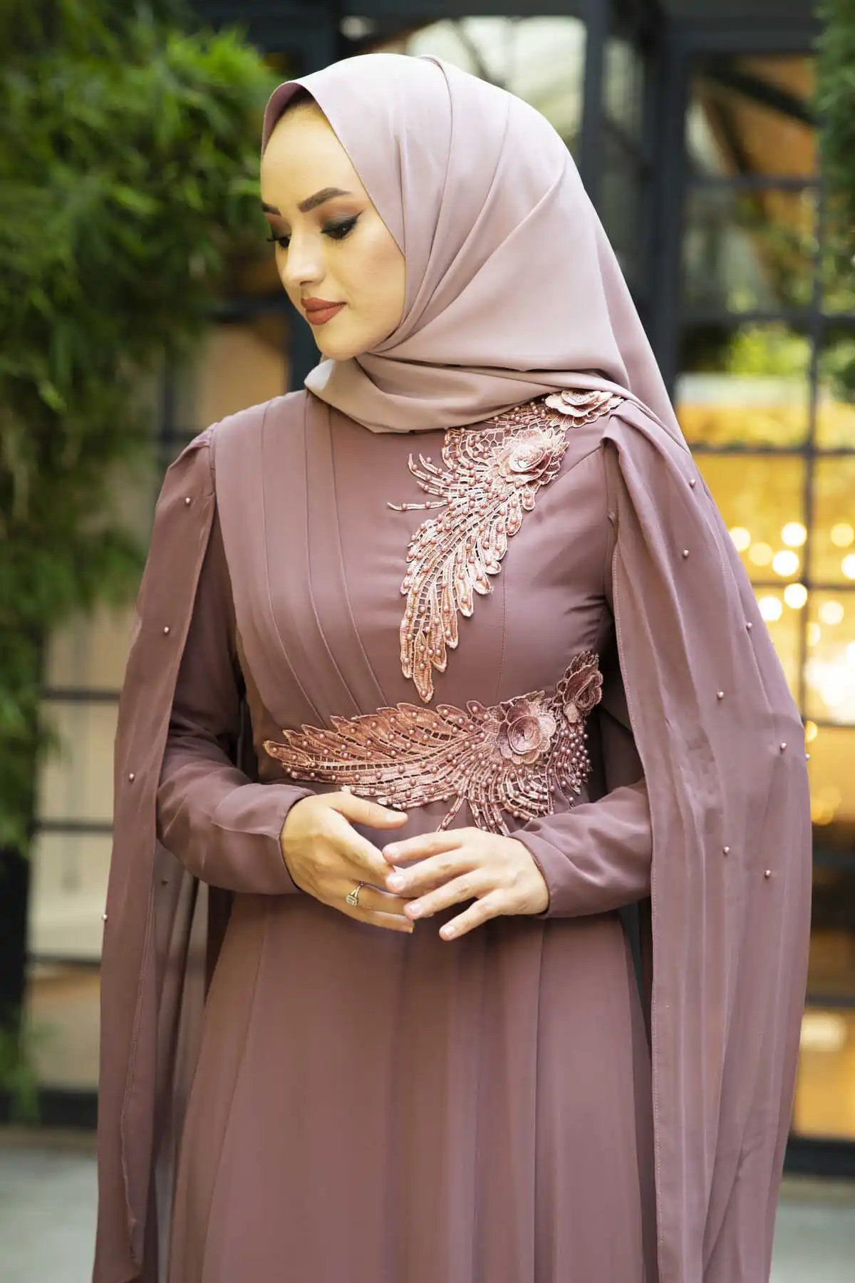 Cape Detaylı Hijab Evening Dress Dirty Pink