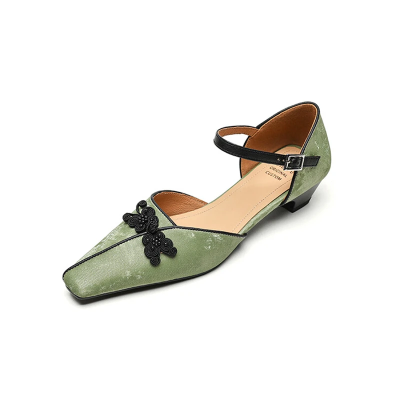 

Elegant Women's Sandals Summer New Chinese Style Square Head Thick Heel Sandals Butterfly Decor Real Leather Upper Ladies Shoes