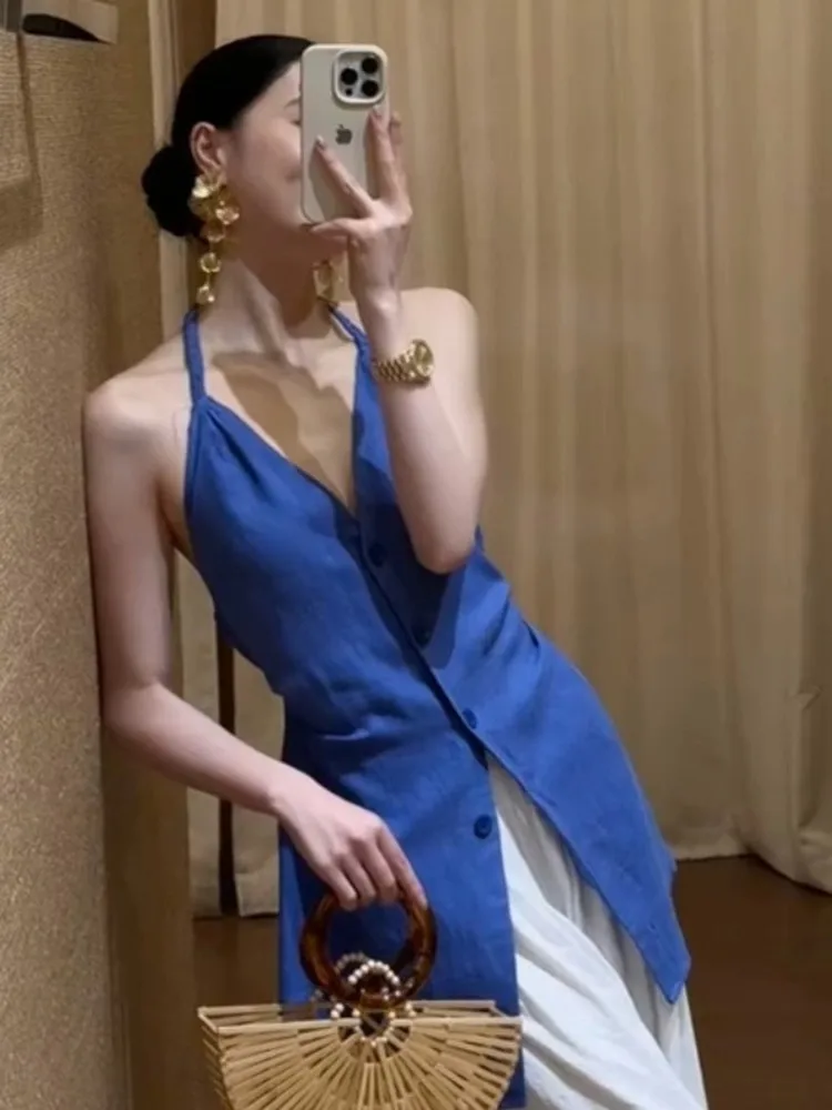

French Elegant Luxury Halter Neck Blouse Women Summer Blue Sleeveless Chic Shirt Unique Design Aesthetic Classy Tops for Ladies
