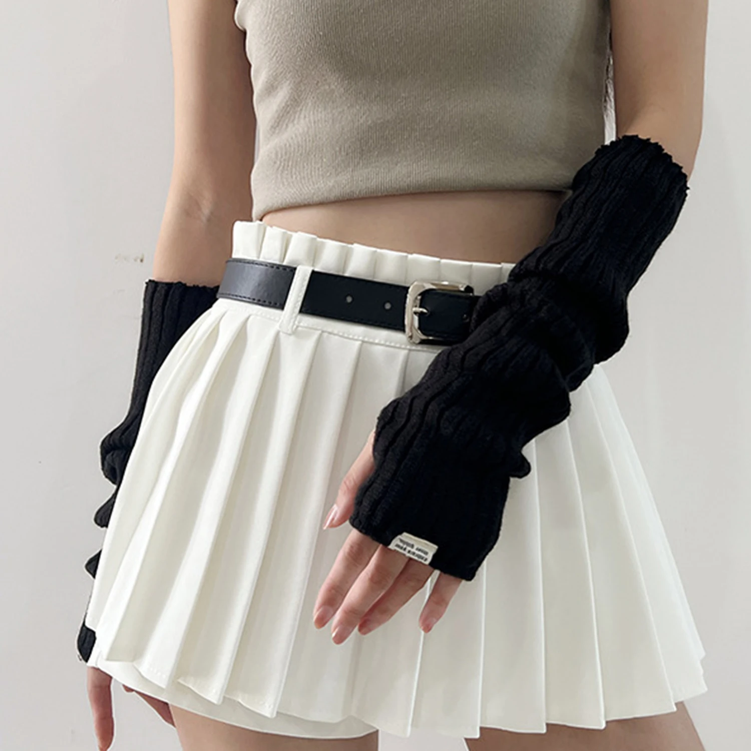 White Lolita Style Long Fingerless Gloves Women Winter Arm Warmer Knitted Arm Sleeve Casual Soft Girls Punk Gothic Mittens