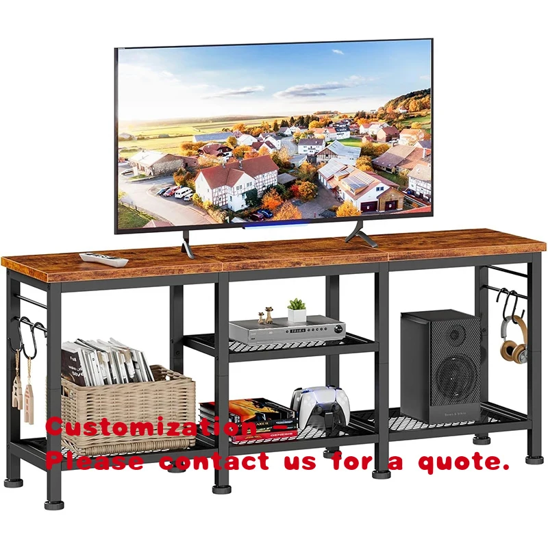 custom.Custom Style Multi-functional Wood Panel TV Stand Adjustable Height Floor Mount Metal Shelves Space-Saving Living Room Me