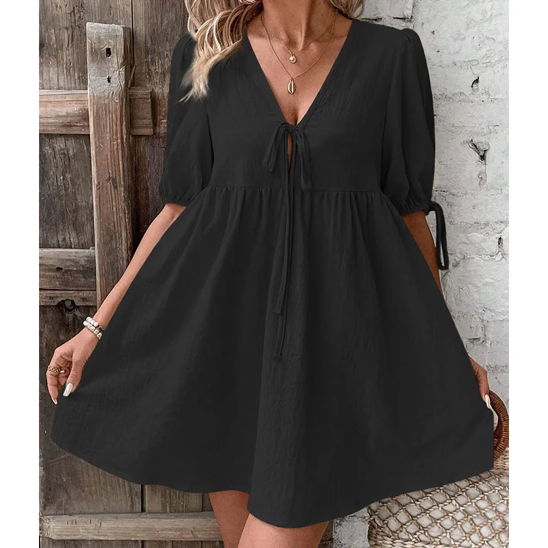 Mini abito allentato estivo da donna casual Solido sexy scollo a V Manica corta Gonna da spiaggia Vestito estivo Abiti eleganti e traspiranti Abiti