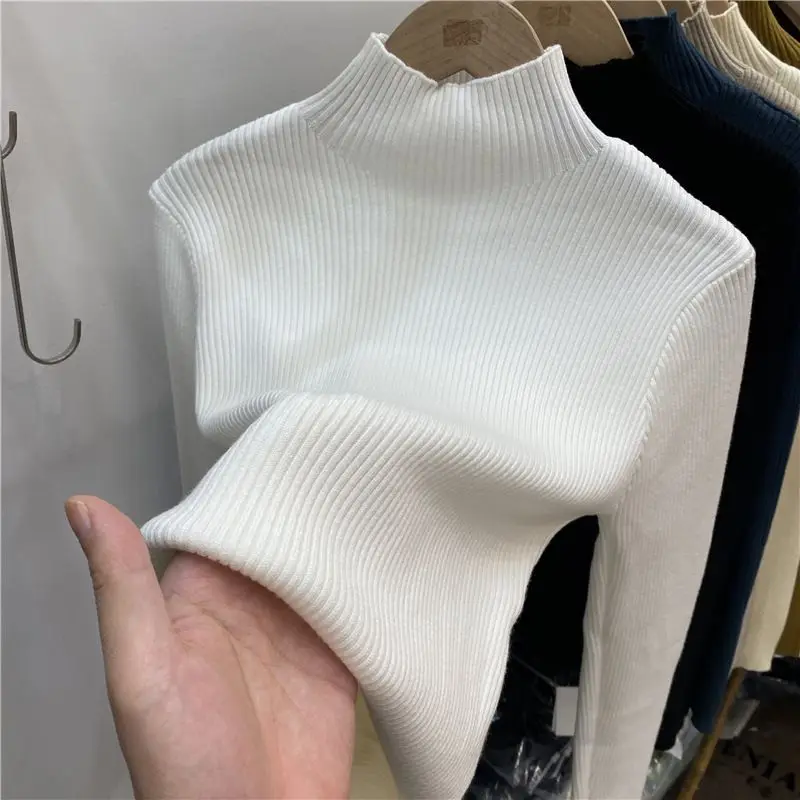 2025 outono inverno cor sólida camada base topos feminino malha quente grosso gola alta camisola estilo coreano mangas compridas pullovers