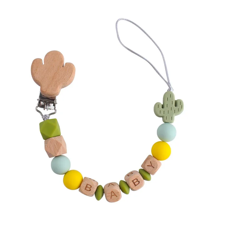 

Baby Custom Name Silicone Beads Cactus Pacifier Clips Safe Teething Chains Teether Eco-friendly Dummy Beech Clips Holder