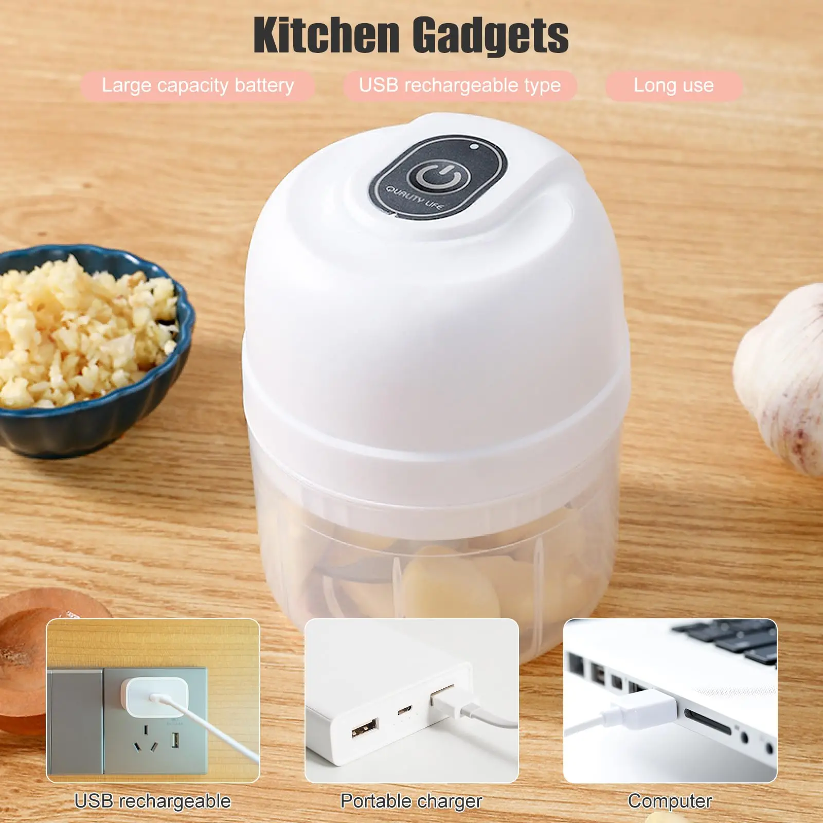 Electric Garlic Chopper 250ml USB Rechargeable Portable Electric Food Chopper Vegetable Chopper With Container