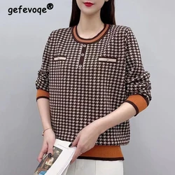 Jesień Zima Vintage Plaid Patchwork Luźne Casualowe Swetry Damskie Proste Swetry All-match Damskie Pullover Top Odzież Damska