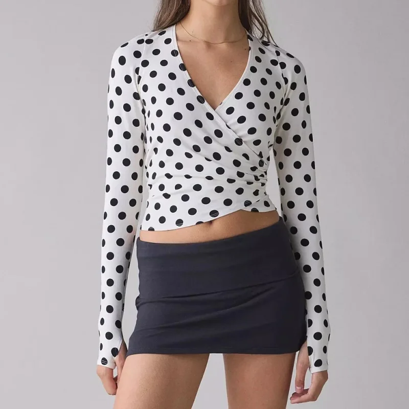 Women Polka Dot Crop Top Cutout Long Sleeve V Neck Wrap Blouse Tie Back Slim Fit Y2K Vintage Streetwear Sexy Tee