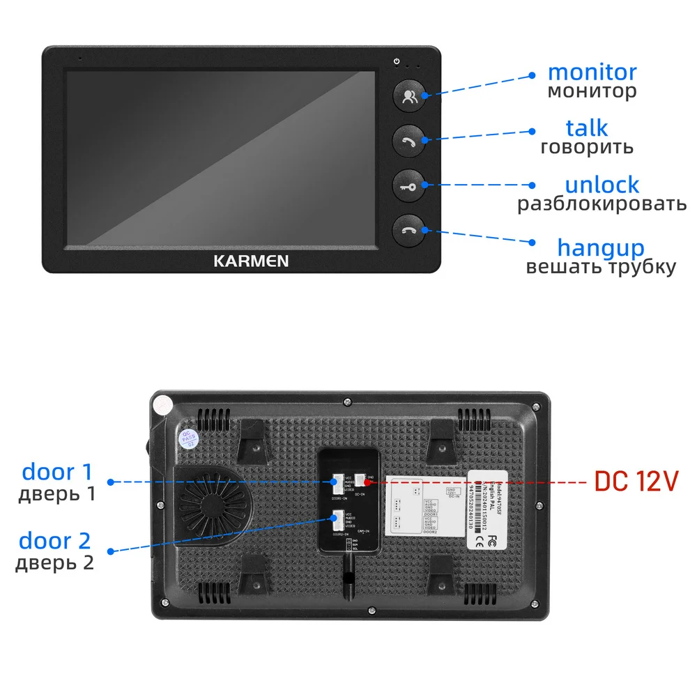 Karmen Video Intercom doorbell 7 inch Monitor with Unlock Button+HD Metal anti-theft Doorphone For Apartments,Villas,Offices