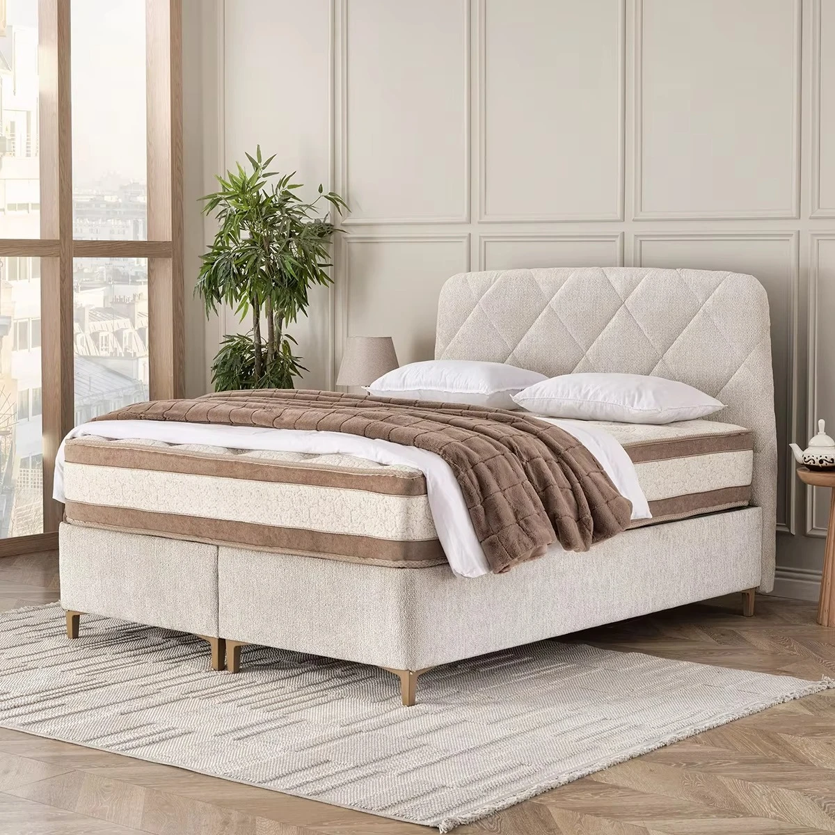 ah-Premium Velvet Upholstered Wood Frame Adjustable Bed Diamond Quilted Headboard Design Comfortable Pocket Spring Mattress%