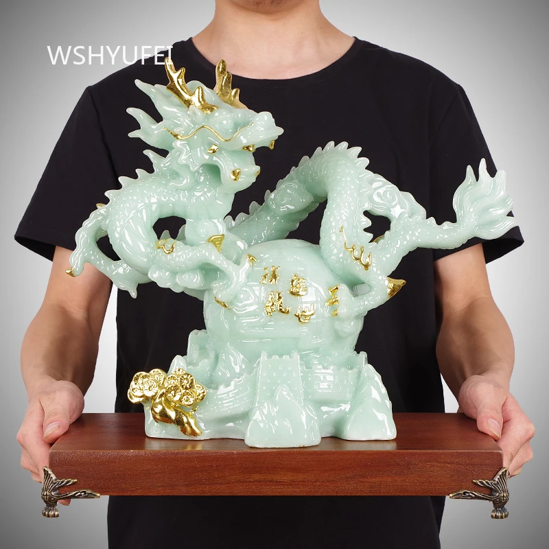 Inviting Wealth Jade and Dragon Ornament Zodiac Auspicious Dragon Fish Tank Decoration Crafts Entrance Mascot with Base