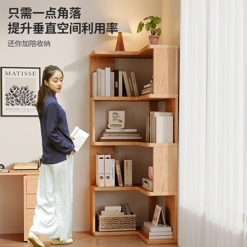 Eck-Bücherregal aus massivem Holz, Bodenregal, integrierte Wand, einfaches Bücherregal