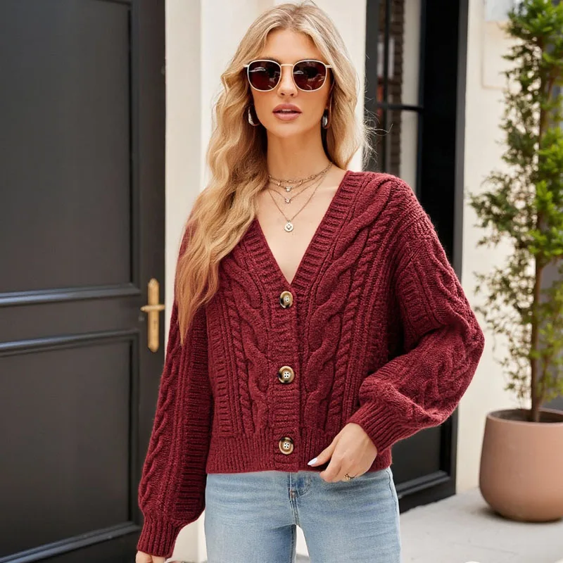 

Темпераментный простой стиль, короткий вязаный кардиган в стиле ретро, модный свободный повседневный женский свитер с v-образным вырезом и длинными рукавами
