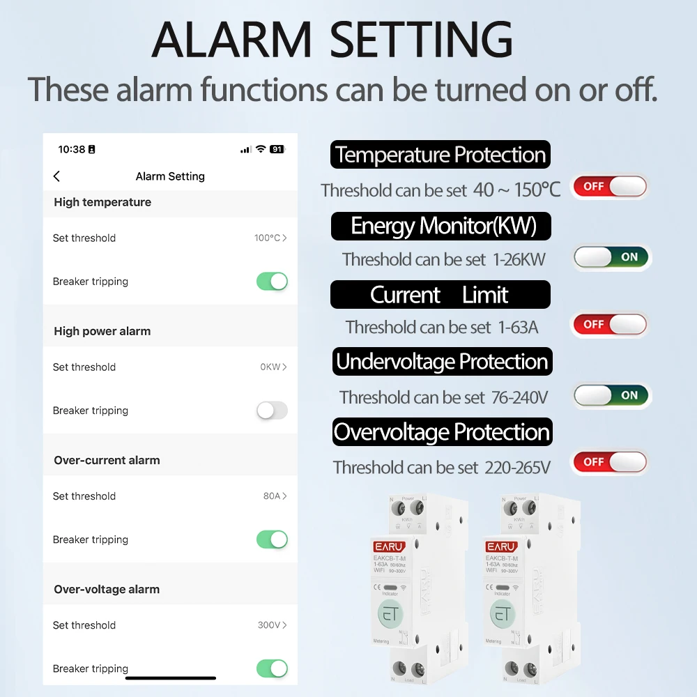 Tuya eWeLink WiFi Smart Circuit Breaker MCB 1P 63A Power Energy kWh Voltage Current Meter Protector Voice Remote Control Switch