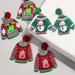 FishSheep Christmas Cute Sweater Snowman Pants Drop Earrings for Women Funny Red Cap Hanging Earrings New Year Jewelry Gifts