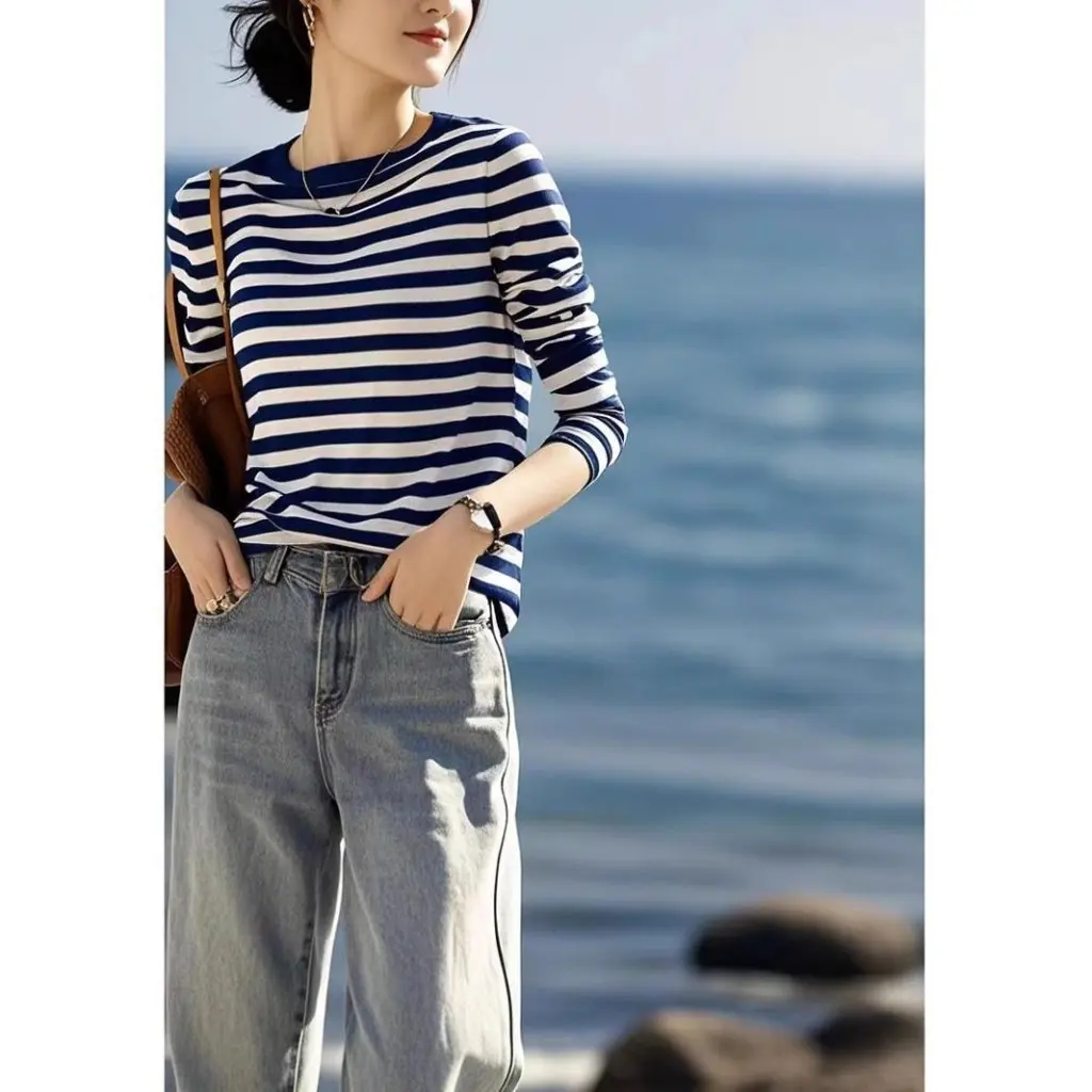 

Women's Sea Soul Striped Cardigan Slimming round Neck Long-Sleeved T-Shirt Knitted Sweater All-Match Base Top Thin Sweater