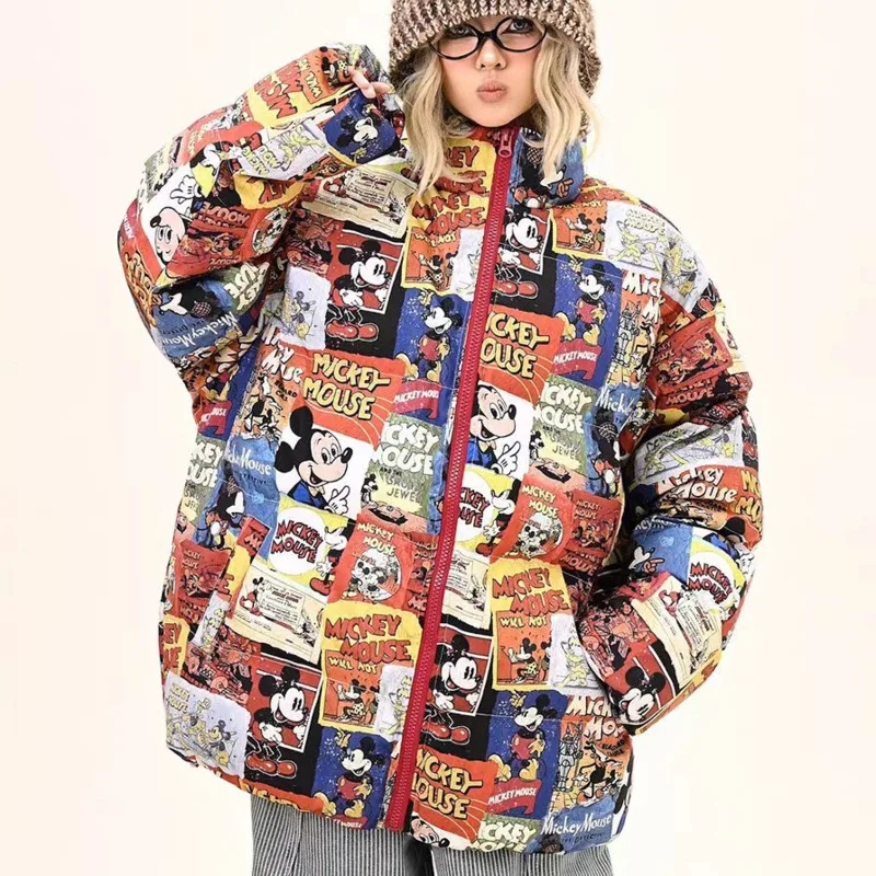 Disney Mickey American Style Cartoon Full Print Cotton Coat Men Women Stand Up Collar Cotton Jacket Winter Versatile Couple Coat