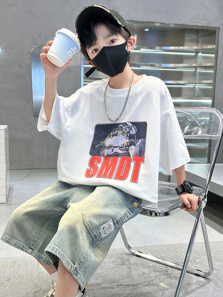 boys-summer-thin-fashionable-short-sleeve-t-shirt-denim-shorts-two-piece-set-cool-cotton-blend-casual-wear-for-ages-5-14