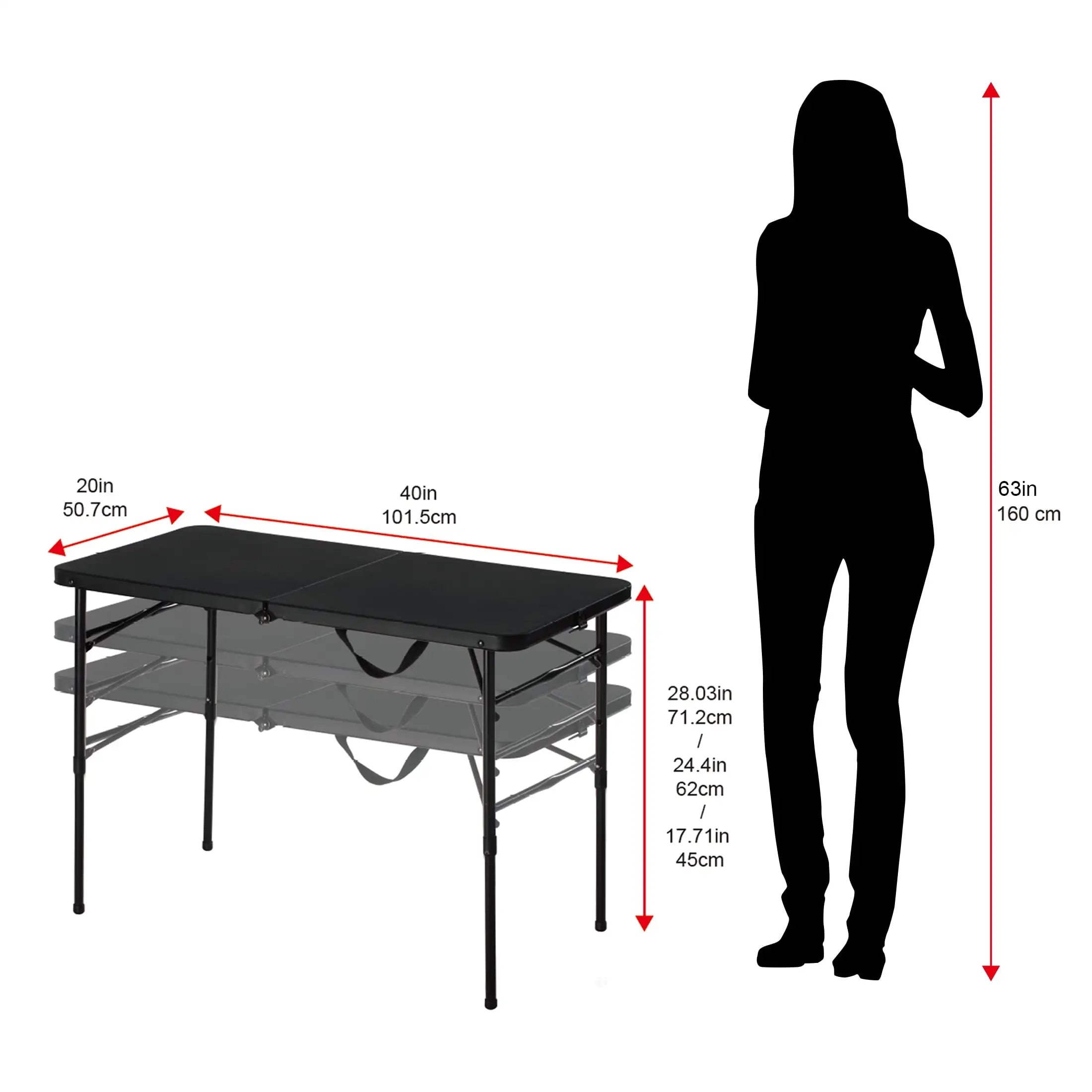 40"L x 20"W Plastic Adjustable Height Fold-in-Half Folding Table, Rich Black image 5