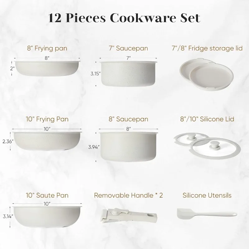 12 pcs Pots and Pans Set, Nonstick Kitchen Induction Cookware Suit with Detachable Handle, Dishwasher Oven Safe, Mil