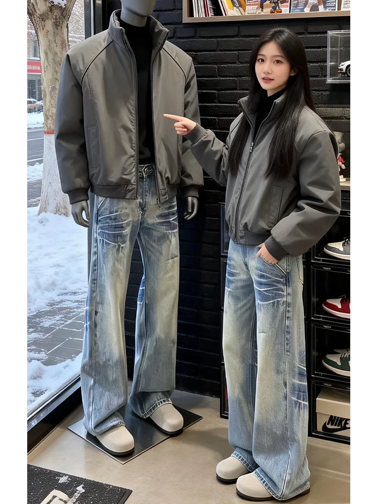 

Мужской зимний модный комплект: синие джинсы с американским принтом «Молния» и куртка из денима Cleanfit со средней посадкой, износостойкие, для повседневной носки