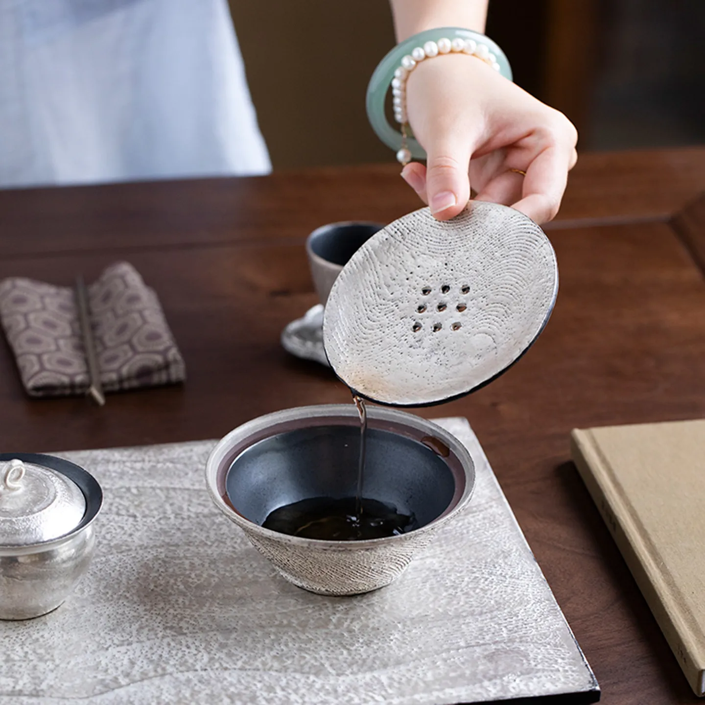 Handmade Silver Ceramic Tea Wash Bowl, Water Basin and Tea Waste Container for Loose Leaf Tea and Daily Tea Rituals