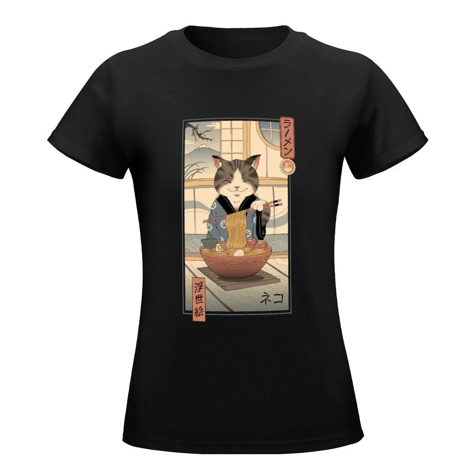 Neko Ramen Ukiyo-e T-Shirt animal prinfor quick-drying t shirts for Women