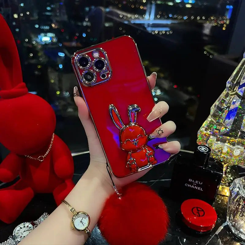 Red Creative Rabbit Phone Case Electroplate Cover with Phone Support Ring Desk Bracket For iPhone 14 13 12 11 Pro Max X XS XR