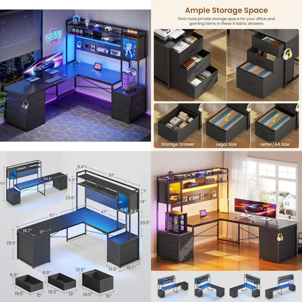 L-Shaped Gaming Desk with Drawers, Reversible Corner Desk for Home Office, File Drawer, Storage Shelves, Ergonomic Design