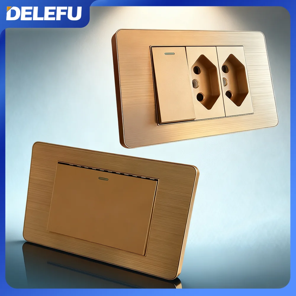 

DELEFU-Золотая панель из нержавеющей стали, серия, бразильский стандарт, выключатель, розетка для компьютера, USB Тип C, настенная розетка питания