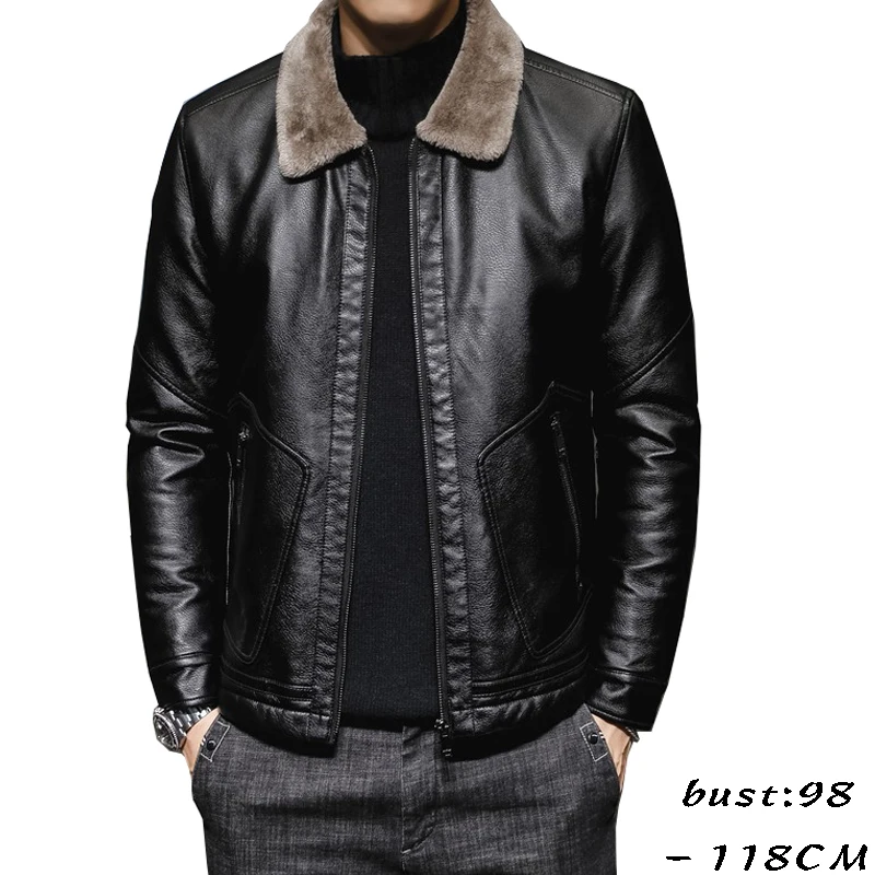 

high quality leather jacket coat for men fur lining big size soft motorcycle jacket new 2023 winter clothing black brown