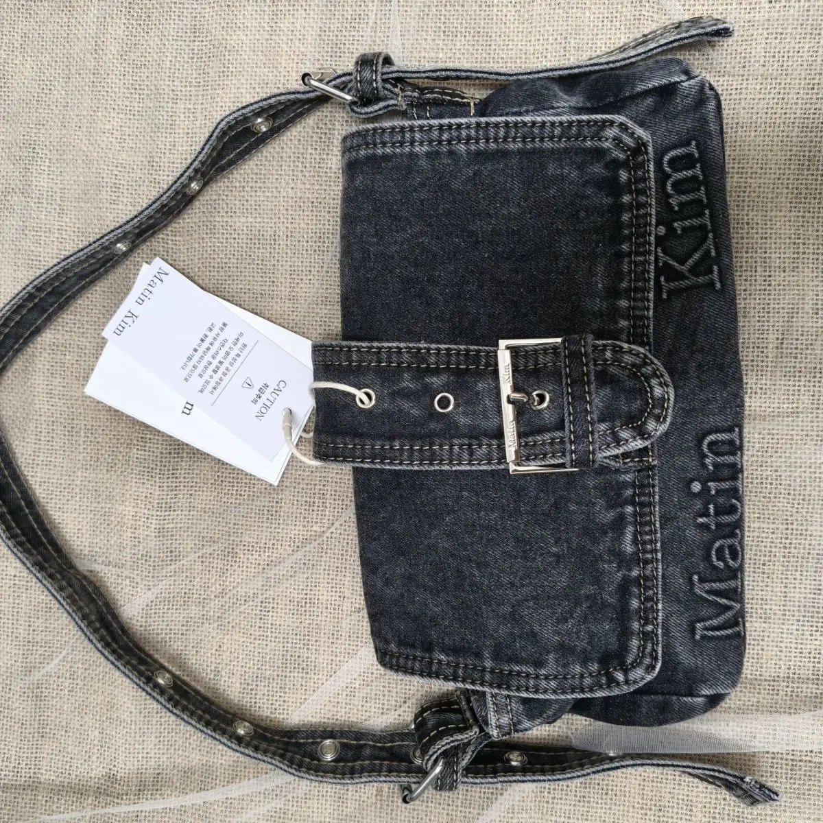 MATIN KIM Limited‑Edition Flap Washed‑Distressed Denim Underarm Shoulder Handbag, Korean Niche Multi‑Way Women Purse