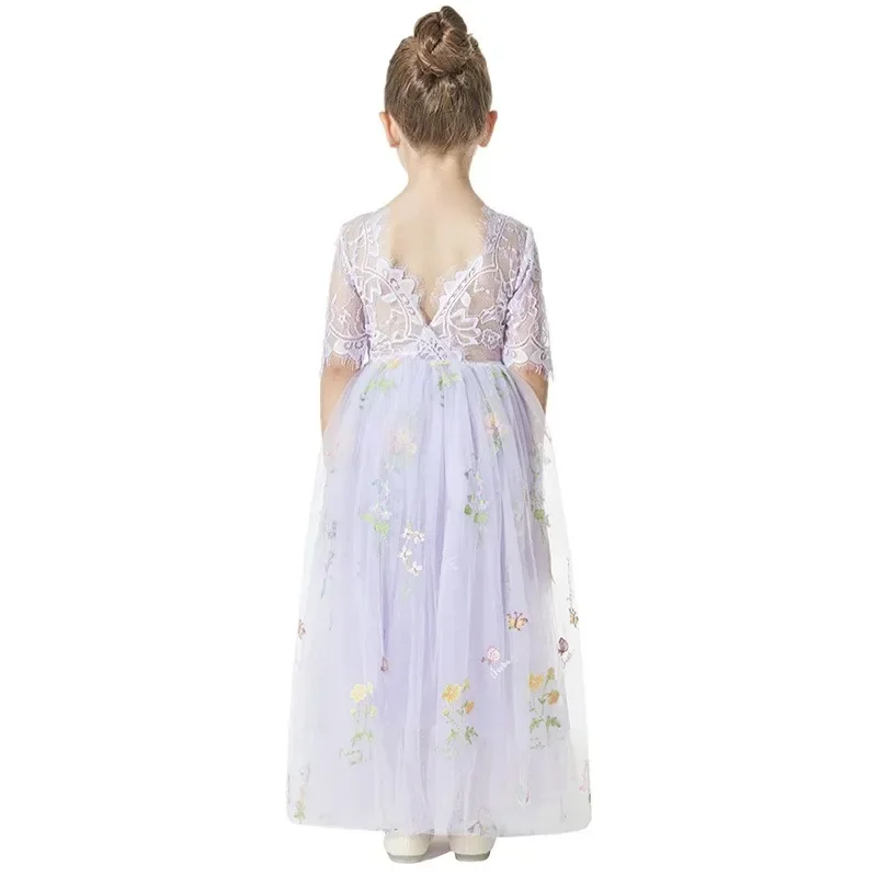 Princesa vestido com rendas e bordados de flores para menina, vestido longo com meia manga, festa de casamento, aniversário, 1 a 12 anos