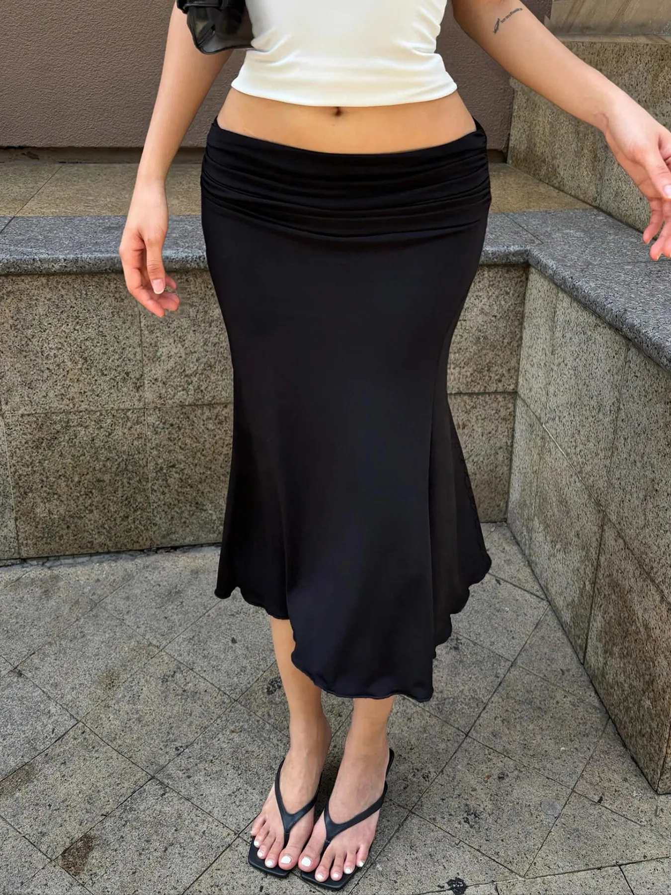 Chic Black Slim LowSkirts Foldable Lady Party Skirts Elegant Fish Tail Design Commute Friendly Low Waist Style
