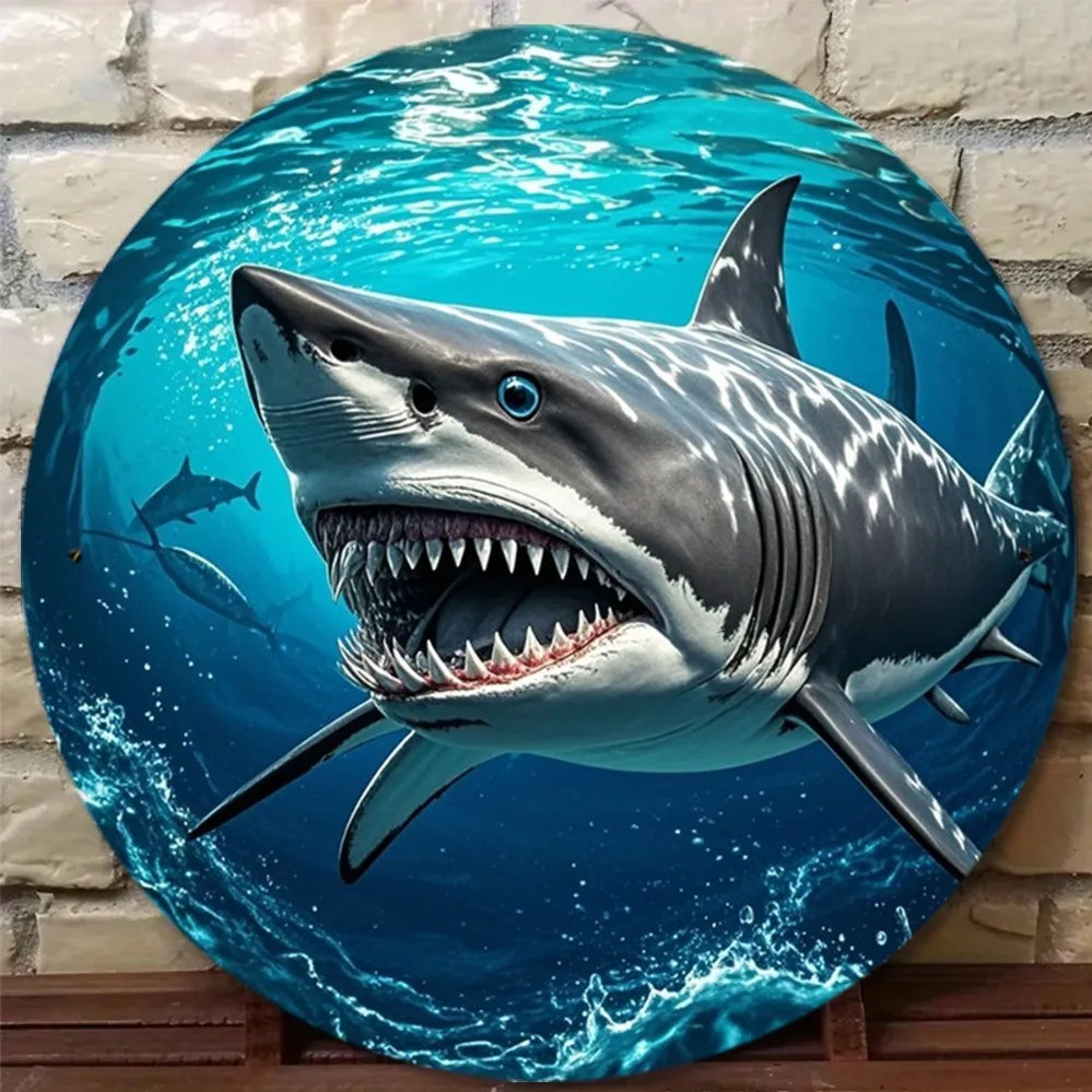 2D Metal Sign - Great White Shark Swimming Ocean Retro Wall Decor, Housewarming Gift for Neighbor Friend Patio 8x8 Inch